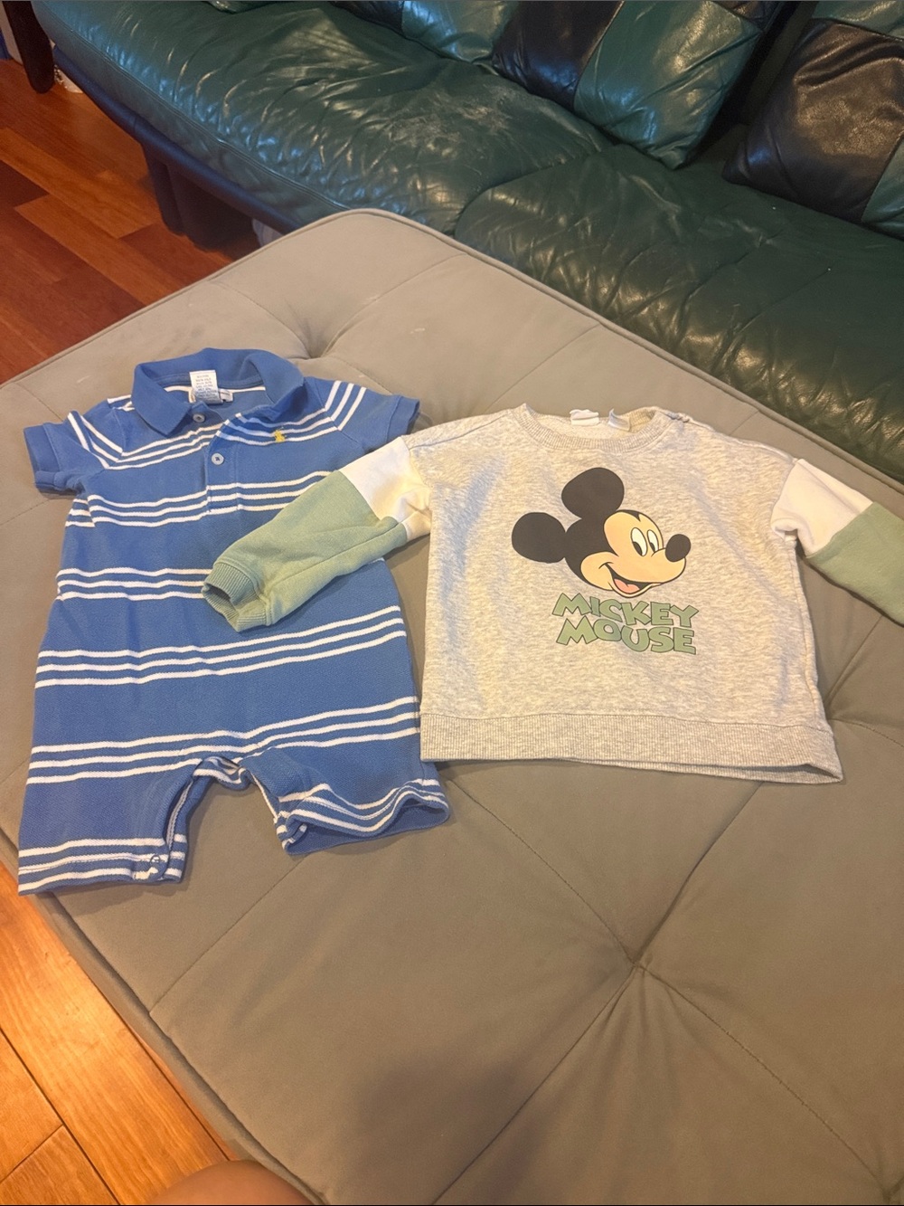 Ralph Lauren Blue White Stripe Polo Romper and Gray Mickey Mouse Sweatshirt
